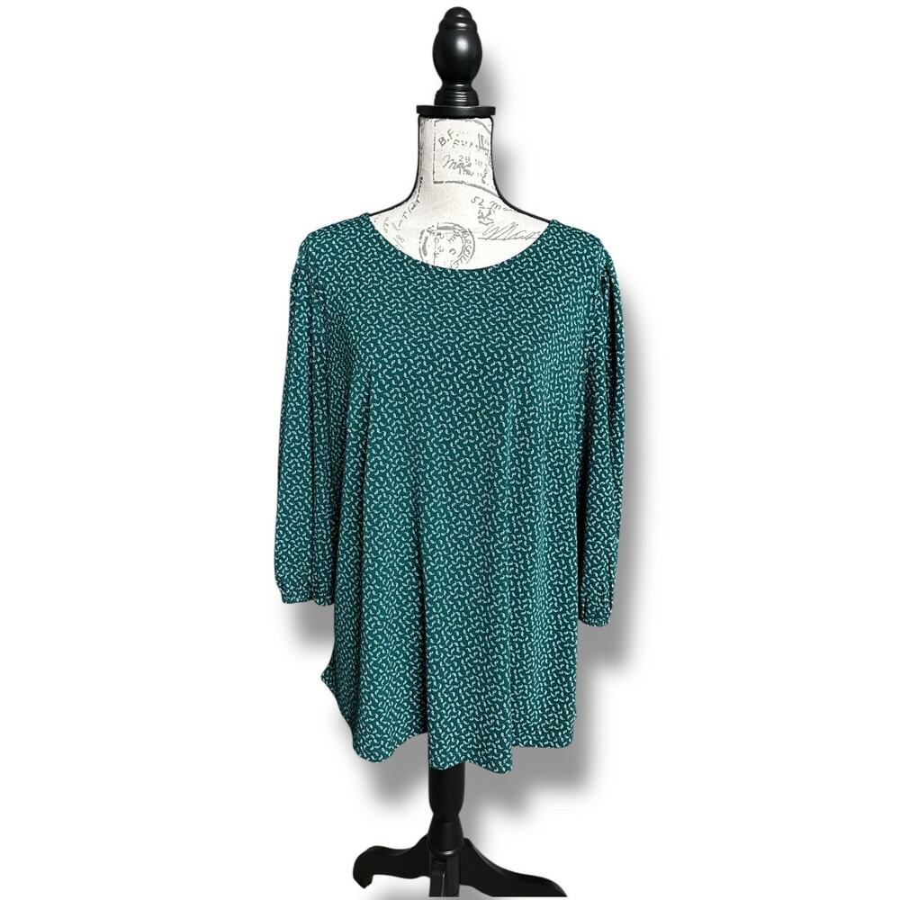 Adrianna Papell Green Floral Print Balloon Sleeve Tunic Blouse Back Keyhole 1X